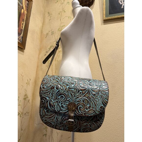 Patricia Nash Rosolini Tooled Leather Saddle Bag Turquoise Brown Crossbody Boho - Picture 3 of 16